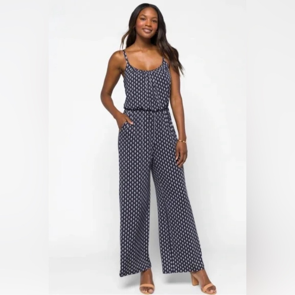 Kaileigh Adalia navy & white print bloused  jumpsuit Large